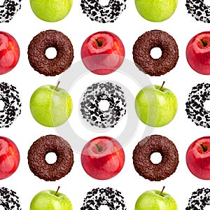 Seamless pattern donuts, red and green apples on white background isolated, healthy vs junk food concept, cakes or fruits diet