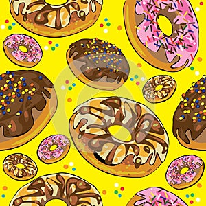 Seamless pattern of donuts on yellow