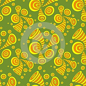 Seamless pattern with doodle abstract deformation circles in yellow orange on olive