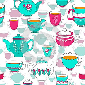 Seamless pattern of the doodle bright cup and pot.