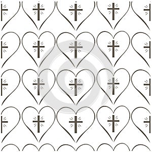 Seamless pattern doodle bungee cord cross in heart