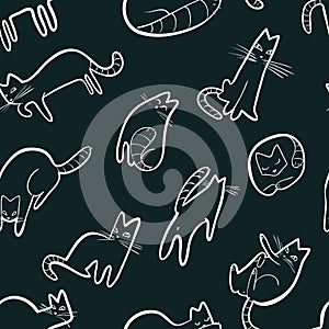 Seamless pattern with doodle cats. Background with playing kitt