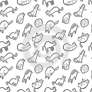 Seamless pattern with doodle cats. Background with playing kitt