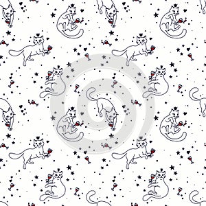 Seamless pattern with doodle cats drinking wine