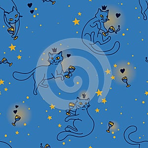 Seamless pattern with doodle cats drinking wine