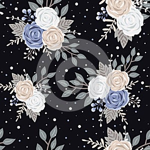 Seamless pattern Doodle Flowers on black background