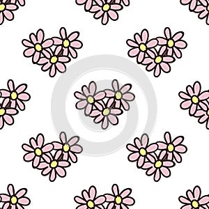 Seamless pattern with doodle flowers in shape of heart