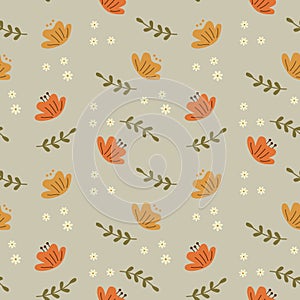 Seamless pattern, doodle flowers and small daisies on a light background. Prnt, background, textiles