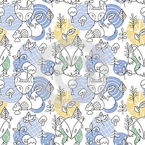 Seamless pattern with doodle foxes and woods. Wild background with cute scandinavian animals