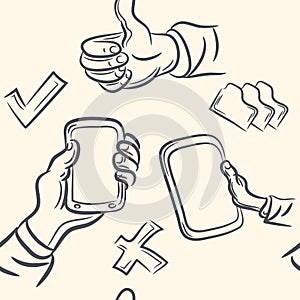 Seamless pattern. doodle hand holds the device set . Vector