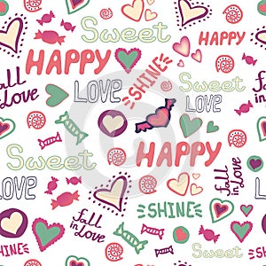 Seamless pattern doodle hearts love happy sweet words repeat. Vector avaliable