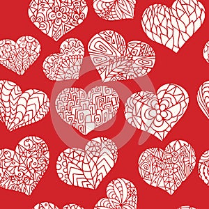 Seamless pattern from doodle hearts in silhouette white style