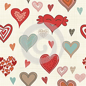 Seamless pattern with doodle hearts on texture background
