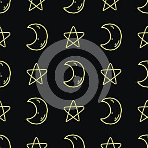 Seamless pattern with doodle moon and stars in neon yellow color on black background. Vector illustration of celestial luminaries