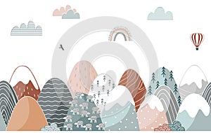 Seamless pattern with doodle mountains in Scandinavian style. Decorative landscape border background. Cute hand drawn