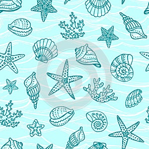 Seamless pattern with doodle sea creatures.