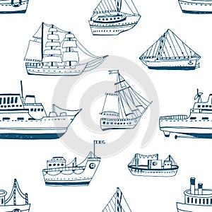 Seamless pattern with doodle ships, yachts, boats, sailing craft, sailboat, nautical vessel. Background with sea