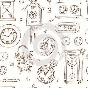 Seamless pattern doodle sketch clocks and watches