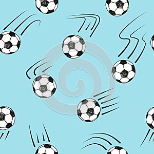 Seamless pattern with doodle soccer balls on blue.