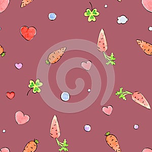 Seamless pattern in doodle style, cartoon elements of romance, cute love. Watercolor doodle with ink outline.