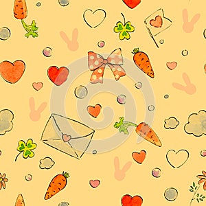 Seamless pattern in doodle style, cartoon elements of romance, cute love. Watercolor doodle with ink outline.