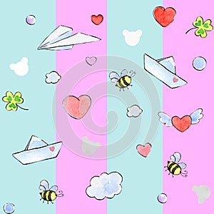 Seamless pattern in doodle style, cartoon elements of romance, cute love. Watercolor doodle with ink outline.