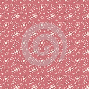 Seamless pattern in doodle style. Cute cartoon background in pink color for birthday, party, St. Valentine's