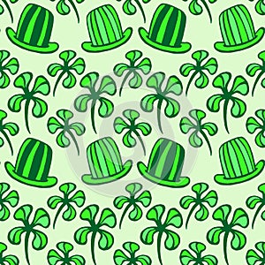 Seamless pattern. Doodle style four leaf clover, luck, or St. Patricks Day vector illustration