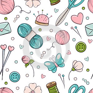 Seamless pattern in doodle style with sewing and needlework items