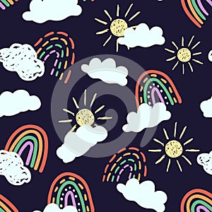 Seamless pattern with doodle sun, clouds and rainbow.