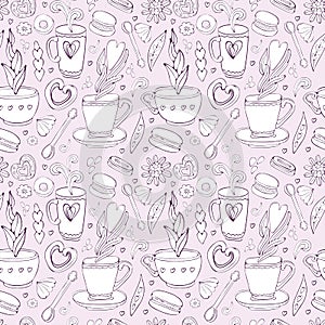 Seamless pattern of Doodle tea and coffee hand drawn in outline. Tea time elements. Cup, mug, spoon, dessert, cookies, souffle,