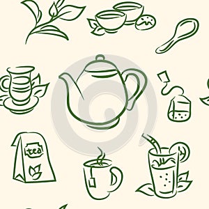 Seamless pattern. doodle tea set . Vector