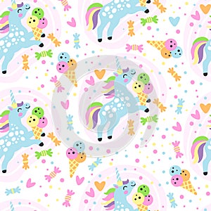 Seamless pattern doodle unicorns and candy vector illustration