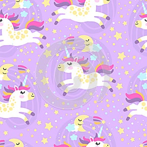 Seamless pattern doodle unicorns in starry sky vector illustration