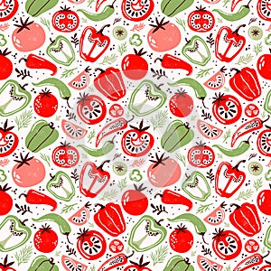 Seamless pattern doodle vegetables on white background. Red and green pepper, hot chili, tomatoes, jalapeno, paprika