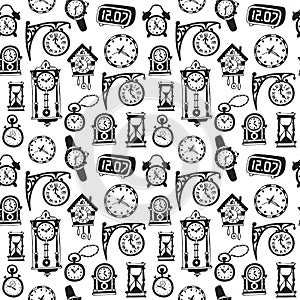 Seamless pattern with doodle watches and clocks.