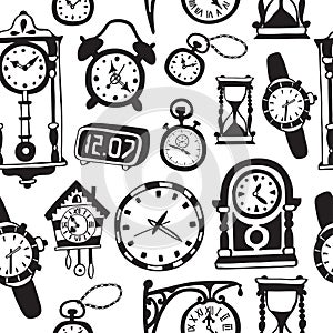 Seamless pattern with doodle watches and clocks.