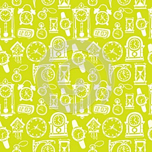 Seamless pattern with doodle watches and clocks.