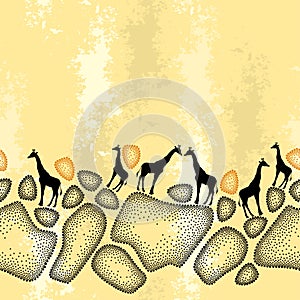 Seamless pattern with dotted giraffe skin in black and silhouettes of small giraffes on the beige textured background.