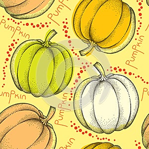 Seamless pattern with dotted pumpkins and red drops