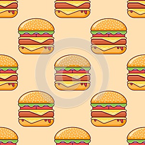 Seamless pattern with double cheeseburger. Vector texture.