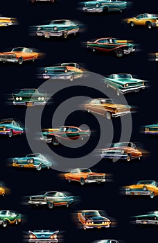 Seamless pattern of draft classic 50s cars in blue dark background. Generative AI. Pattern mirrored repeat for duplicates
