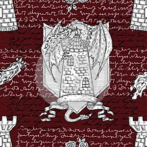 Seamless pattern with dragon, old castle tower, banner and handwritten text.