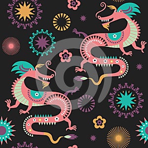 Seamless pattern with dragons. Chinese New Year 2024. Year of the Dragon