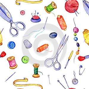 Seamless pattern with drawing needlework equipment