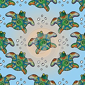 Seamless pattern with drawing zentangle turtle