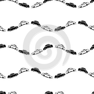 Seamless pattern of drawn abstract cars riding in wavy rows