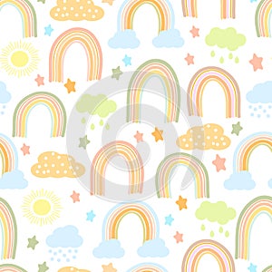 Seamless pattern drawn with cute rainbows, rain clouds and sun in pastel colors. Doodles. Print, textiles for children, cover.