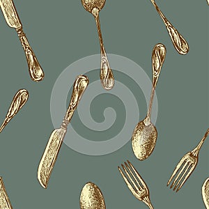 Seamless pattern of drawn golden vintage forks, spoons and knives