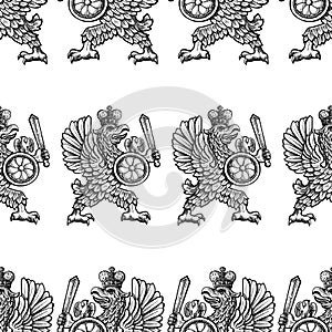 Seamless pattern of drawn heraldic eagle with a sword and a shield